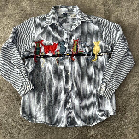 Two Twenty Button Down Cat Applique Shirt Blouse Top Women's 10 M - Picture 1 of 6